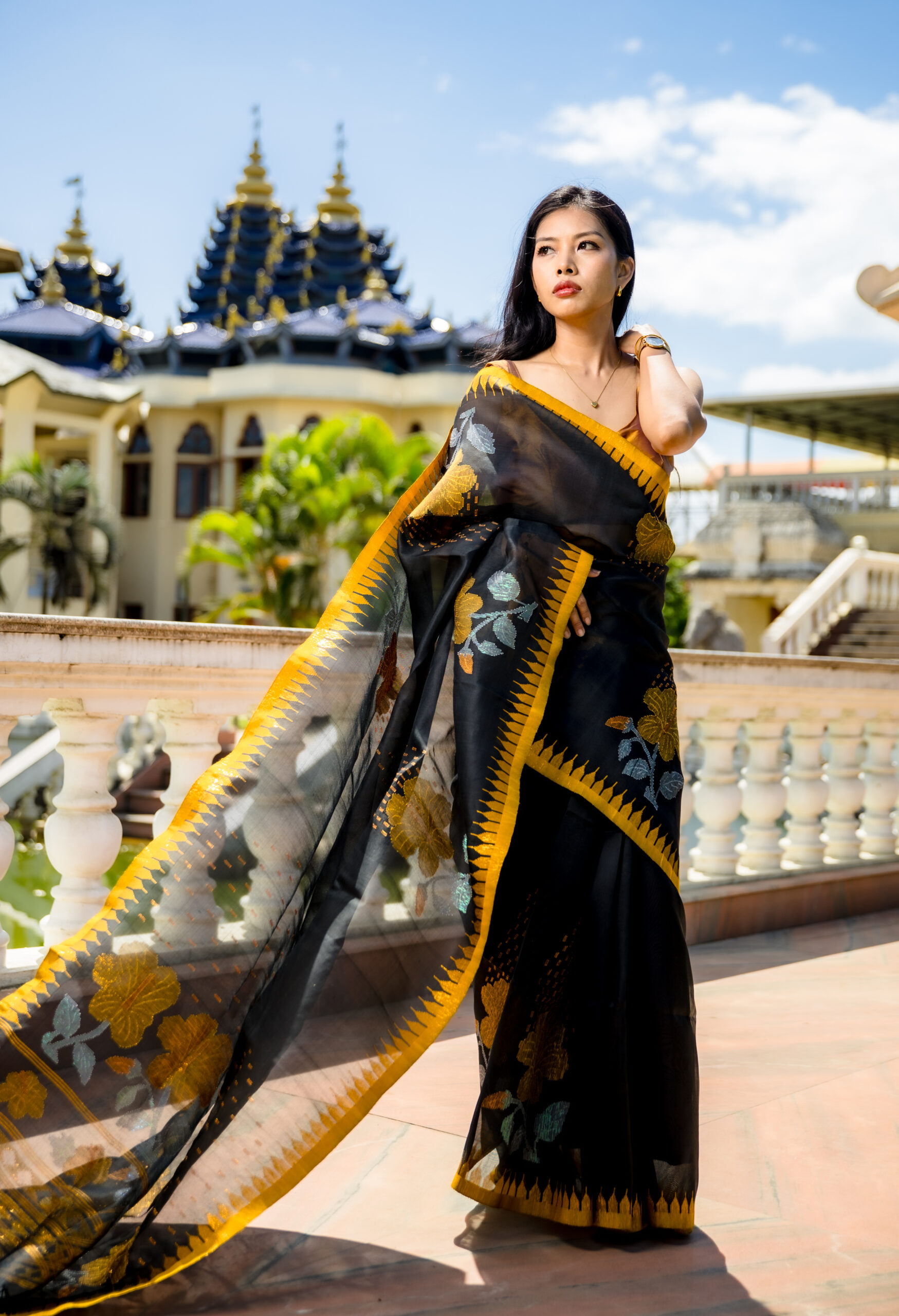 Charcoal Black Semi Raw Mulberry Silk Saree with Golden Moirangphee Border & Hibiscus Motifs - Image 5