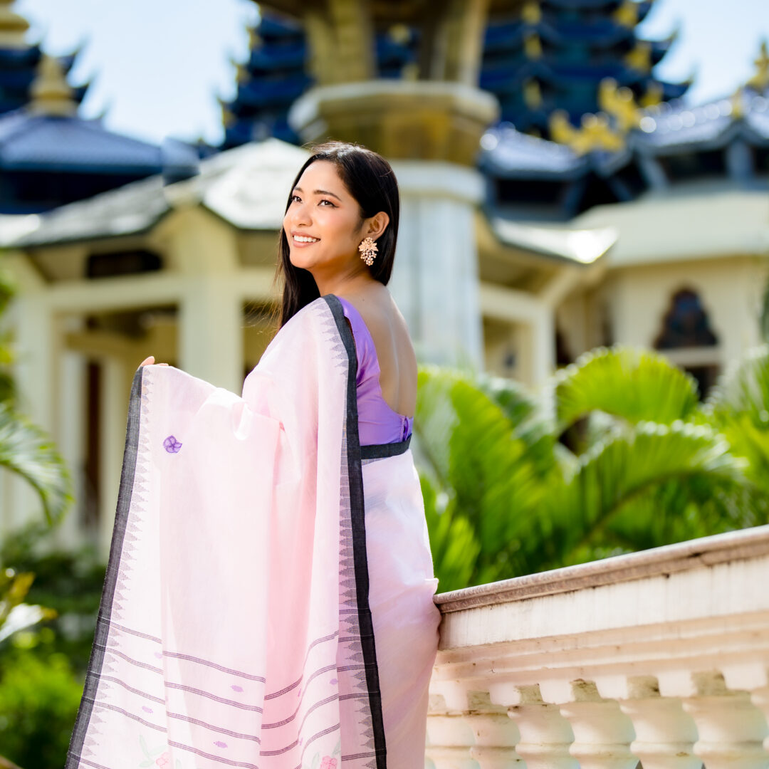 Blush Pink Floral Moirangphee Saree with Charcoal Border | Manipuri Handloom Saree