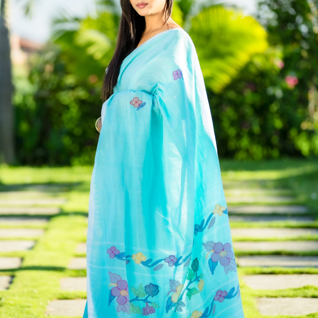 Elegant Sky Blue Moirangphee Cotton Saree with Handwoven Floral Embroidery