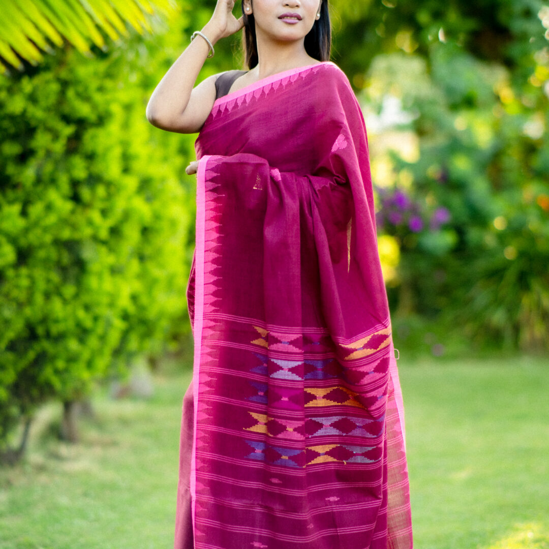 Stunning Magenta Pink Moirangphee Cotton Saree with Traditional Geometric Pallu