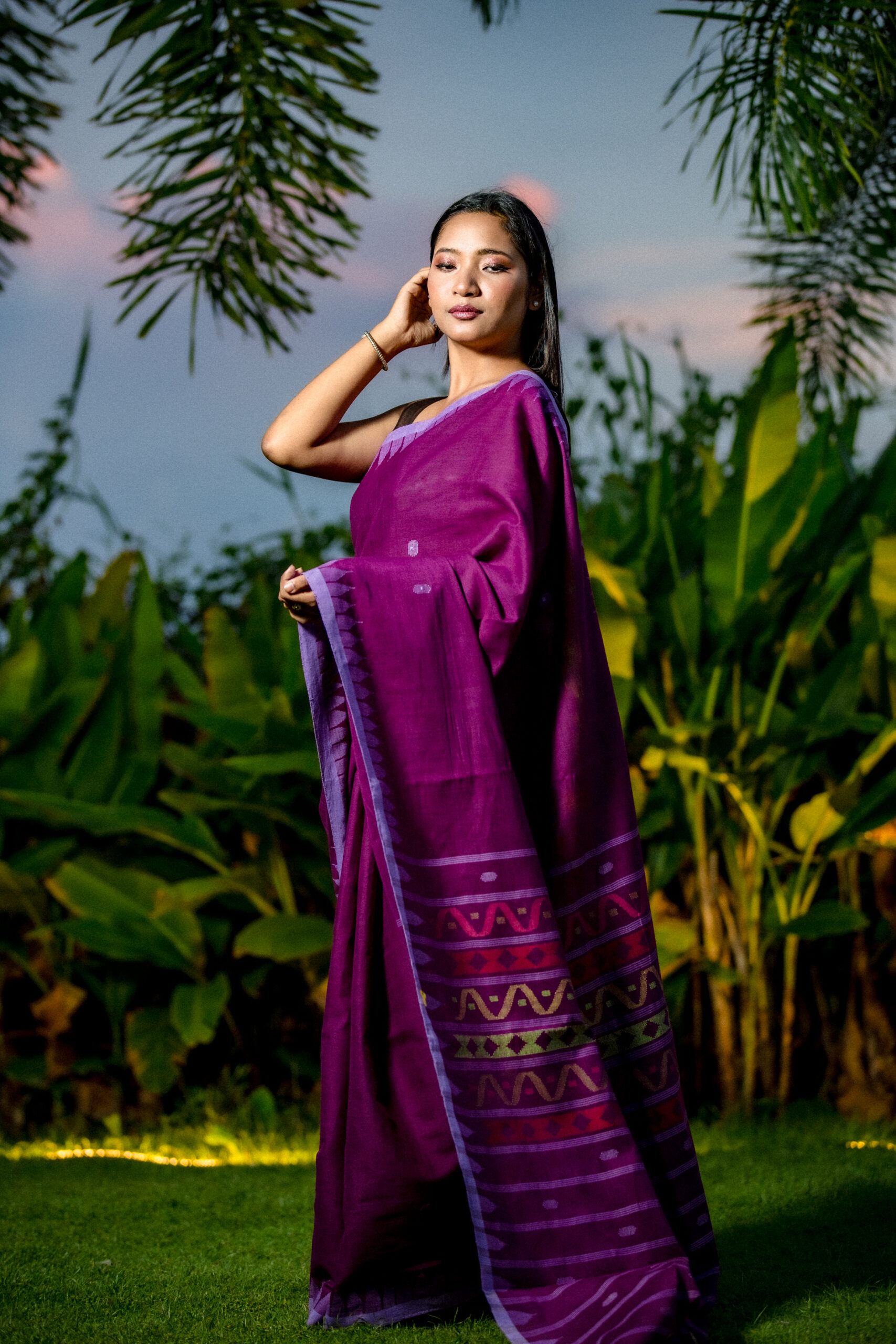Royal Purple Moirangphee Cotton Saree with Traditional Handwoven Tribal Pallu - Image 2