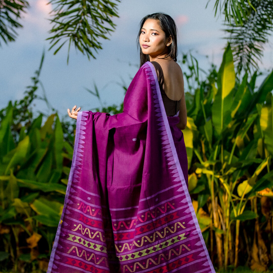 Royal Purple Moirangphee Cotton Saree with Traditional Handwoven Tribal Pallu