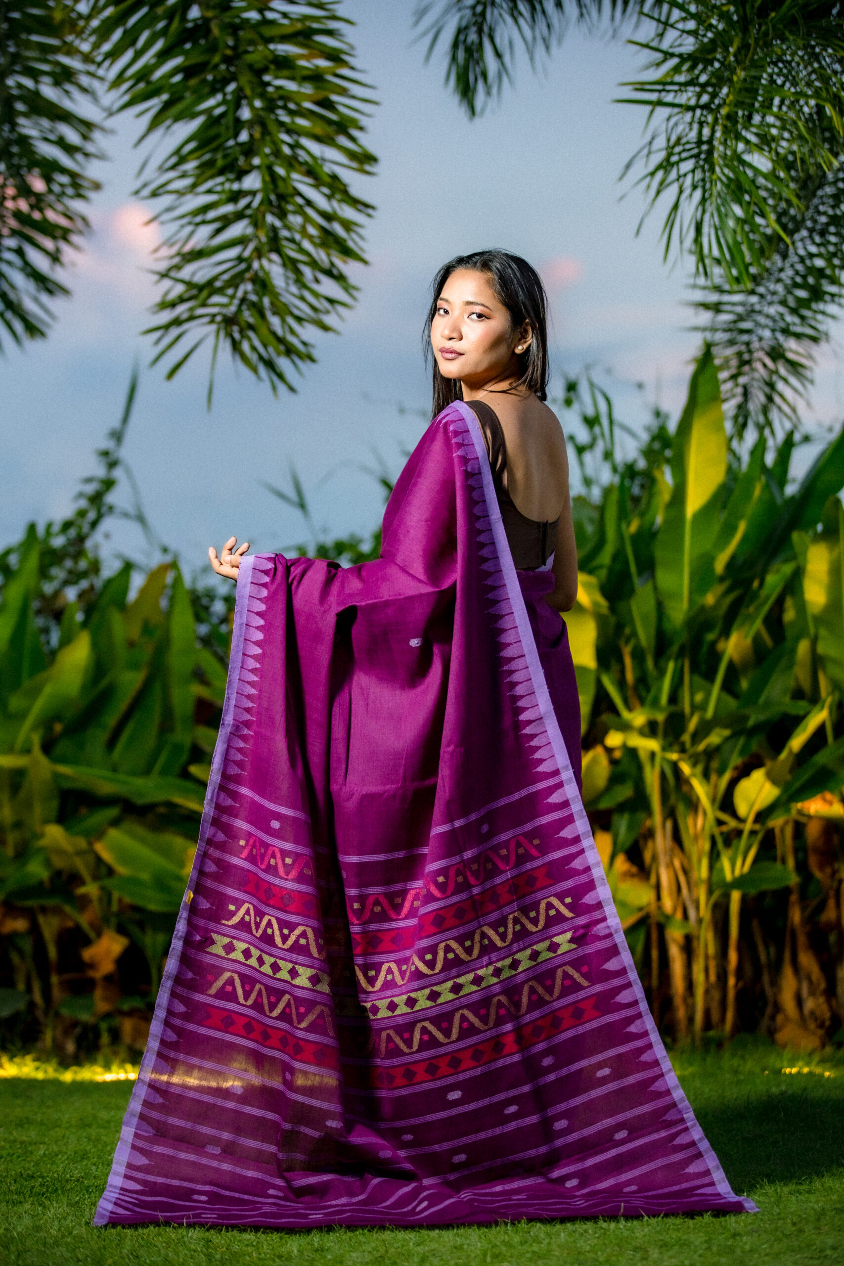 Royal Purple Moirangphee Cotton Saree with Traditional Handwoven Tribal Pallu