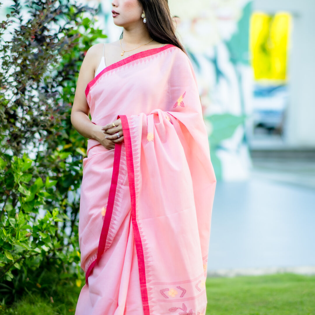 Pastel Pink Moirangphee Cotton Saree with Bright Pink Temple Border and Floral Butis