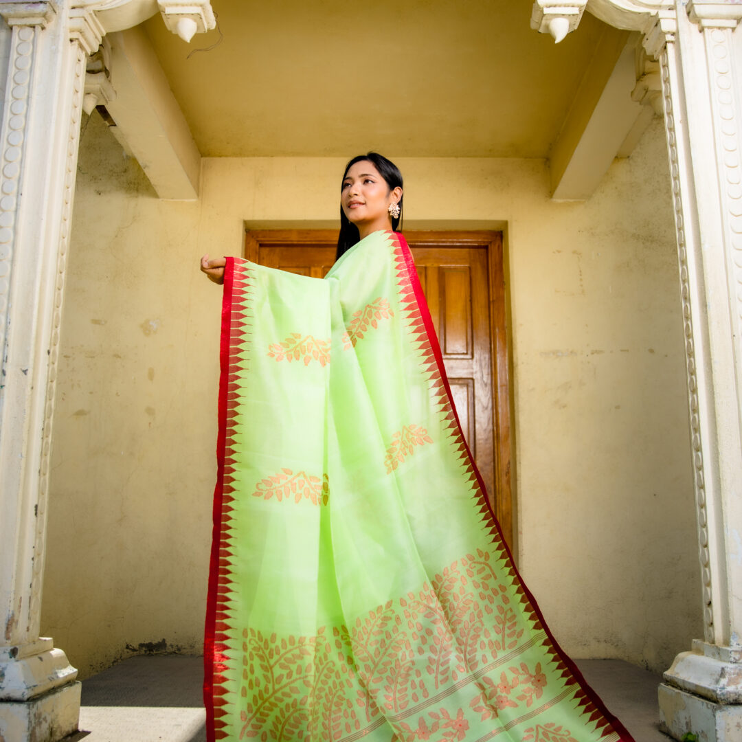 Pistachio Green Raw Mulberry Silk Saree with Red Moirangphee Border
