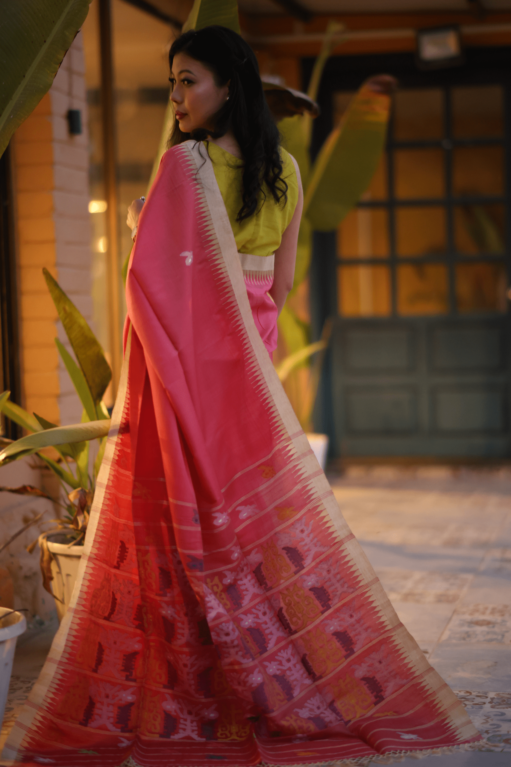 Handcrafted Rosy Pink Mulberry Silk Saree with Gold Border