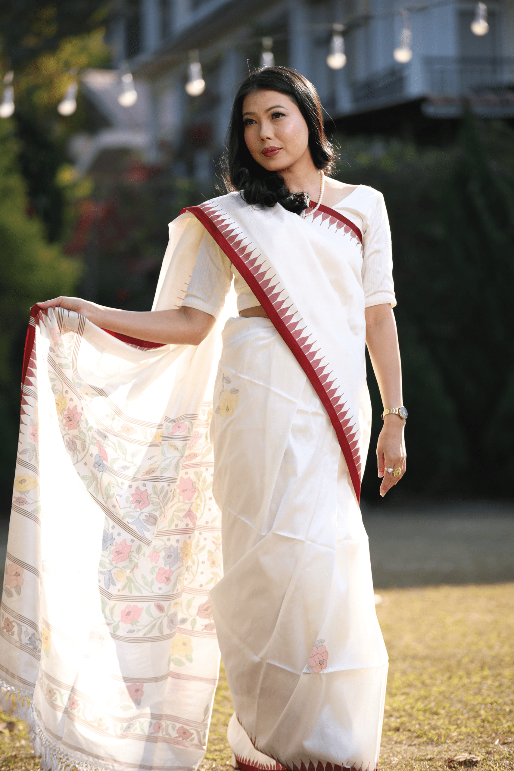 White Mulberry Silk Saree with Regal Dark Red Moirangphee Border - Image 4