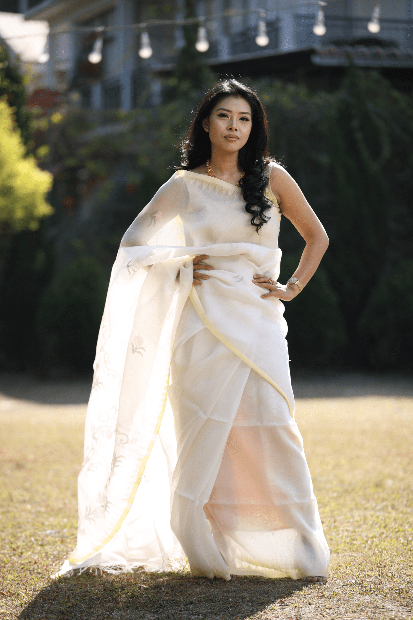 Traditional Mulberry Raw Silk Rani Sari with Yellowish Cream Moirangphee Border - Image 4