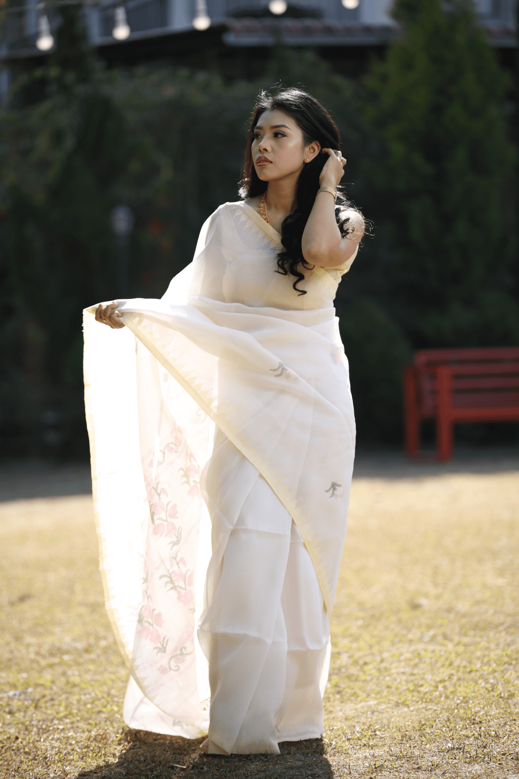 Traditional Mulberry Raw Silk Rani Sari with Yellowish Cream Moirangphee Border - Image 5