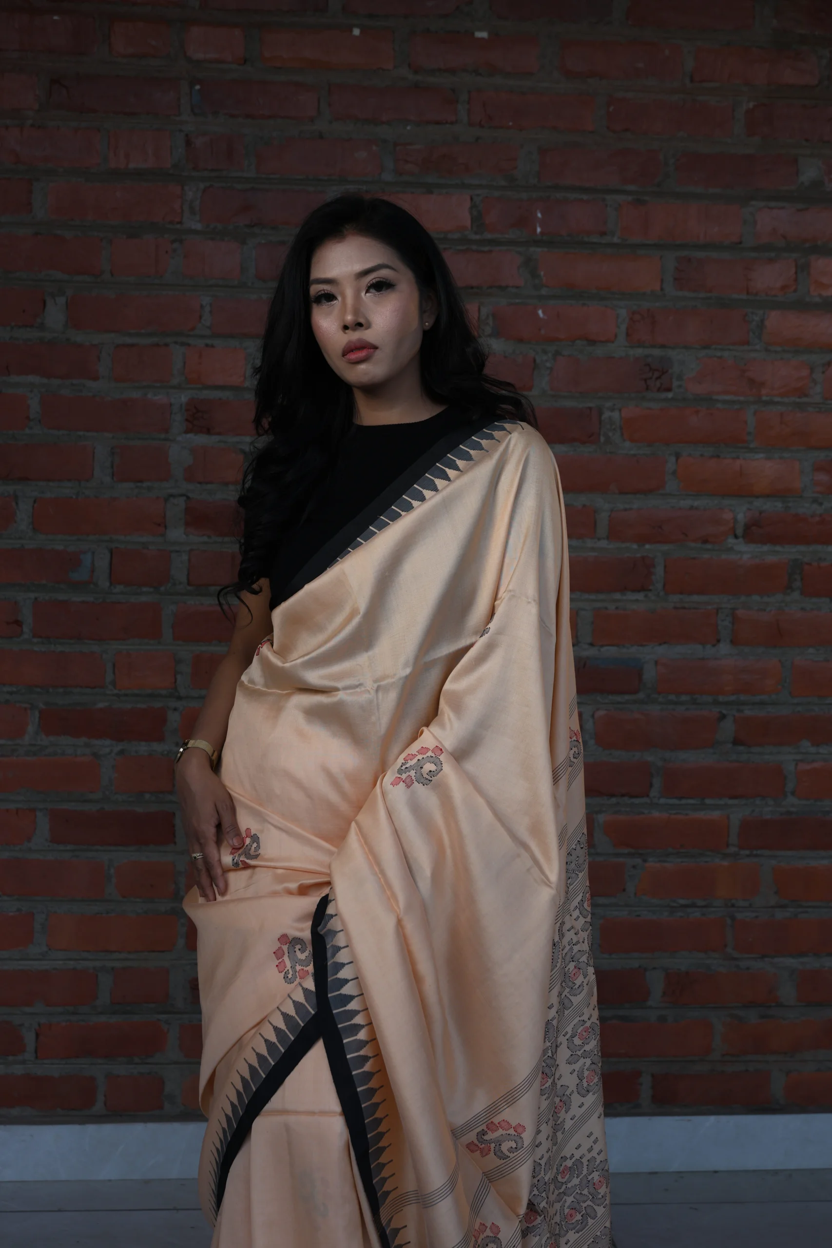Royal Ivory Gold Moirangphee Mulberry Silk Saree – Black Border