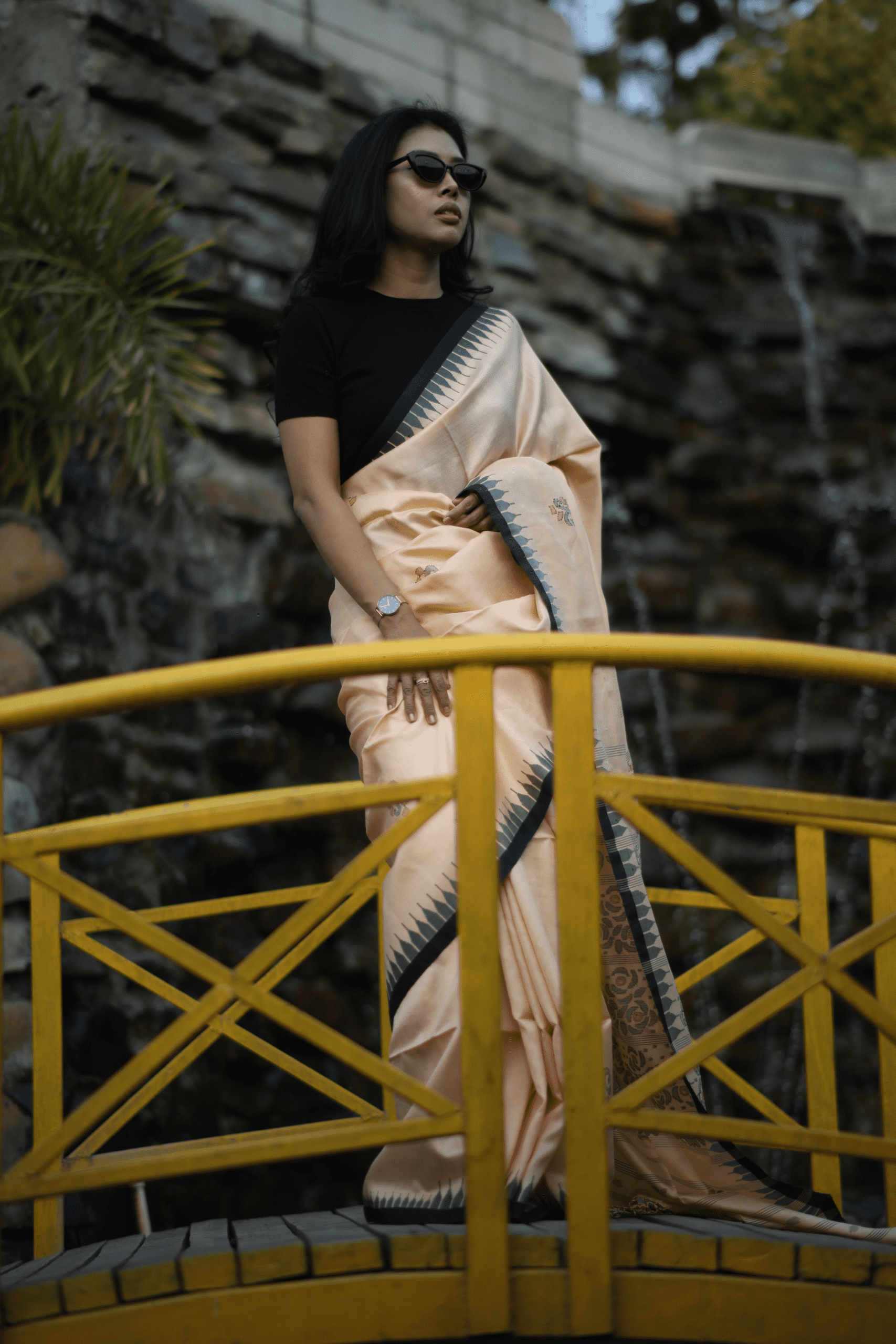 Royal Ivory Gold Moirangphee Mulberry Silk Saree – Black Border - Image 3