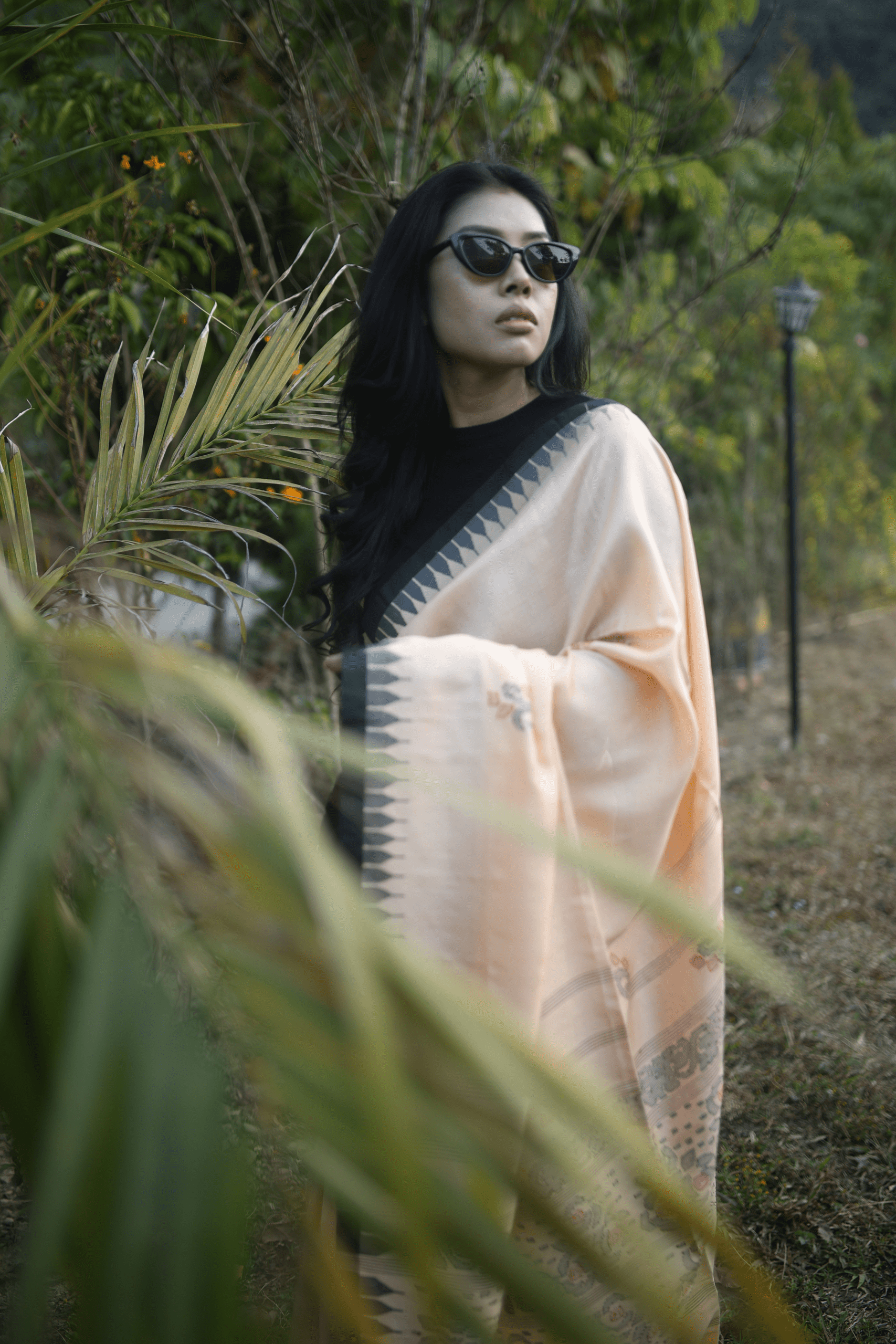 Royal Ivory Gold Moirangphee Mulberry Silk Saree – Black Border - Image 2