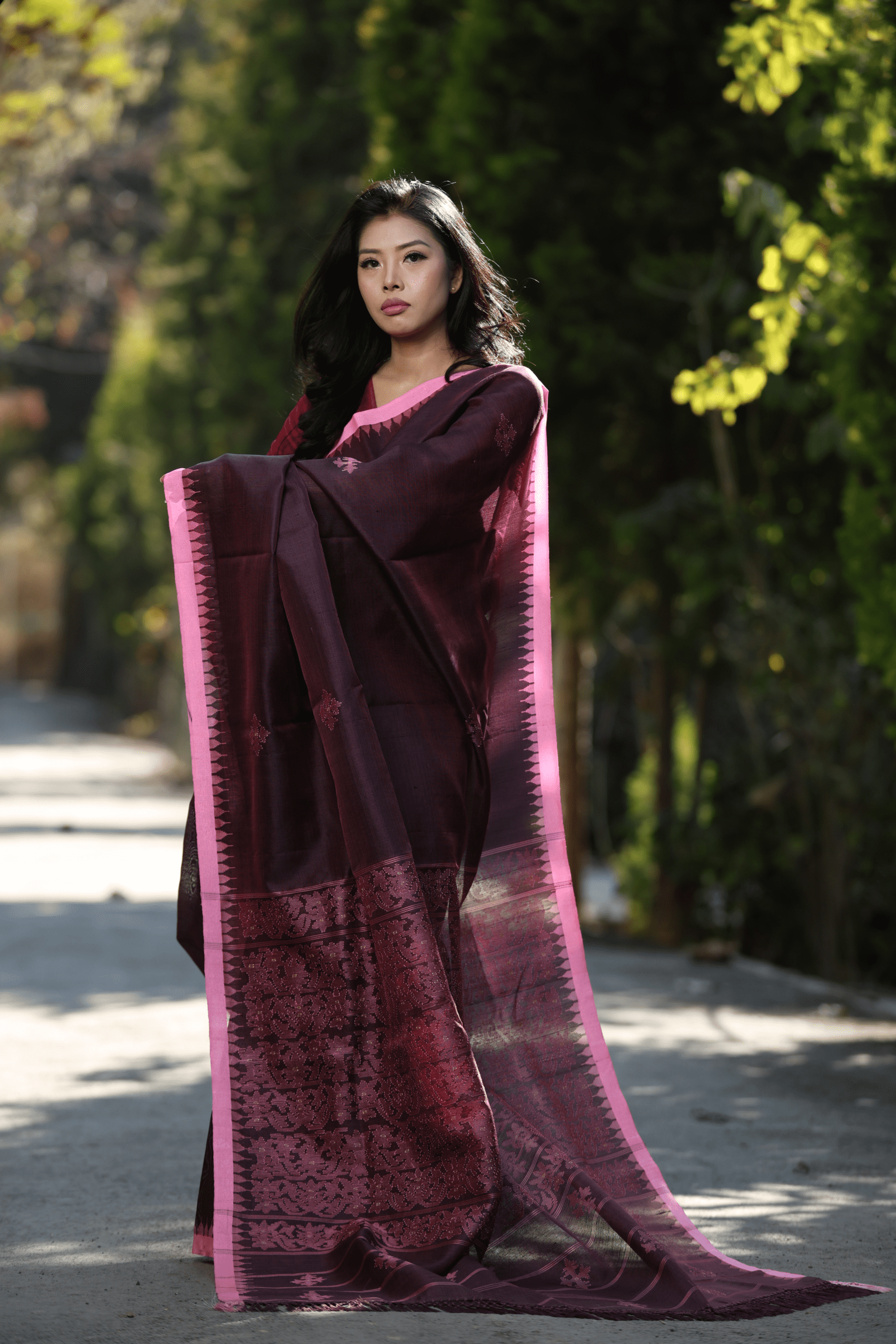Wine Plum colour Mulberry silk  with Pink Moirangphee border - Image 2