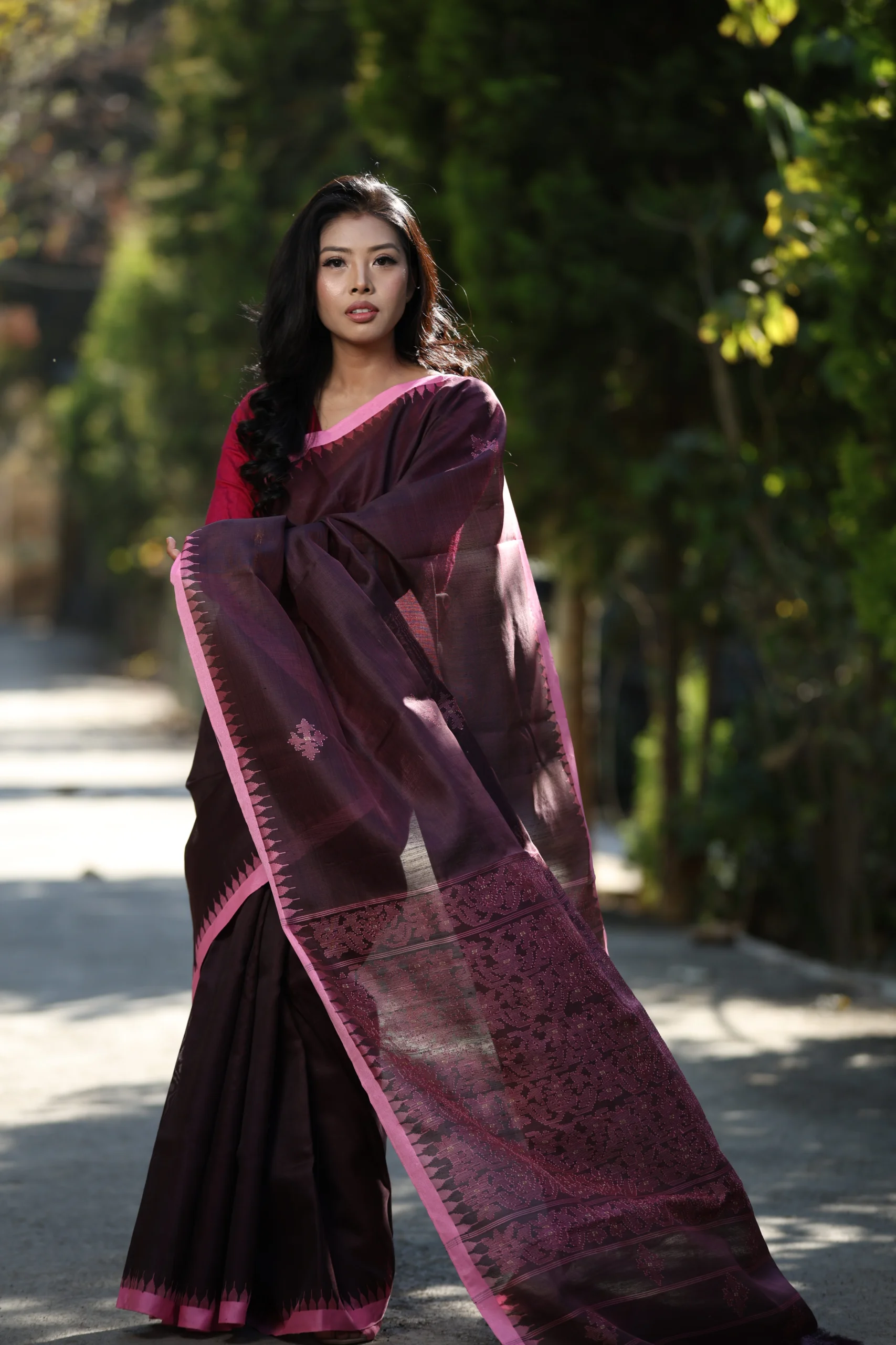 Wine Plum colour Mulberry silk  with Pink Moirangphee border