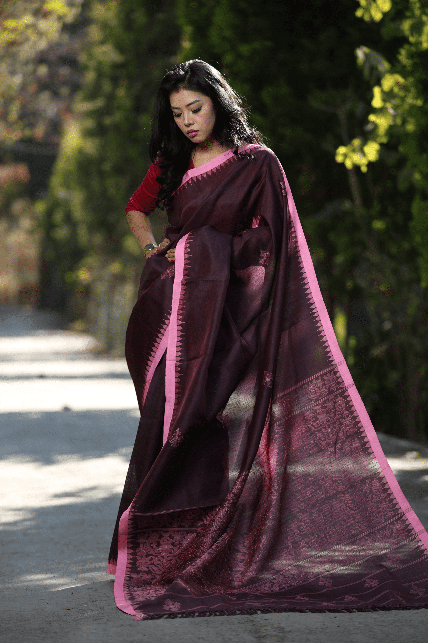 Wine Plum colour Mulberry silk  with Pink Moirangphee border - Image 4