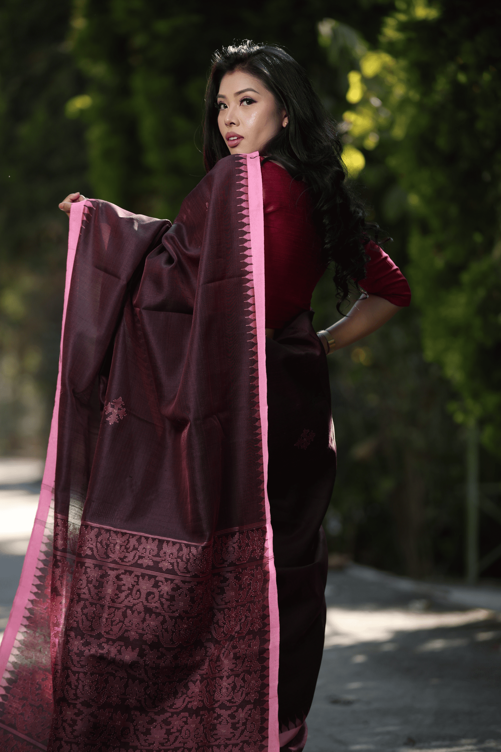 Wine Plum colour Mulberry silk  with Pink Moirangphee border - Image 3