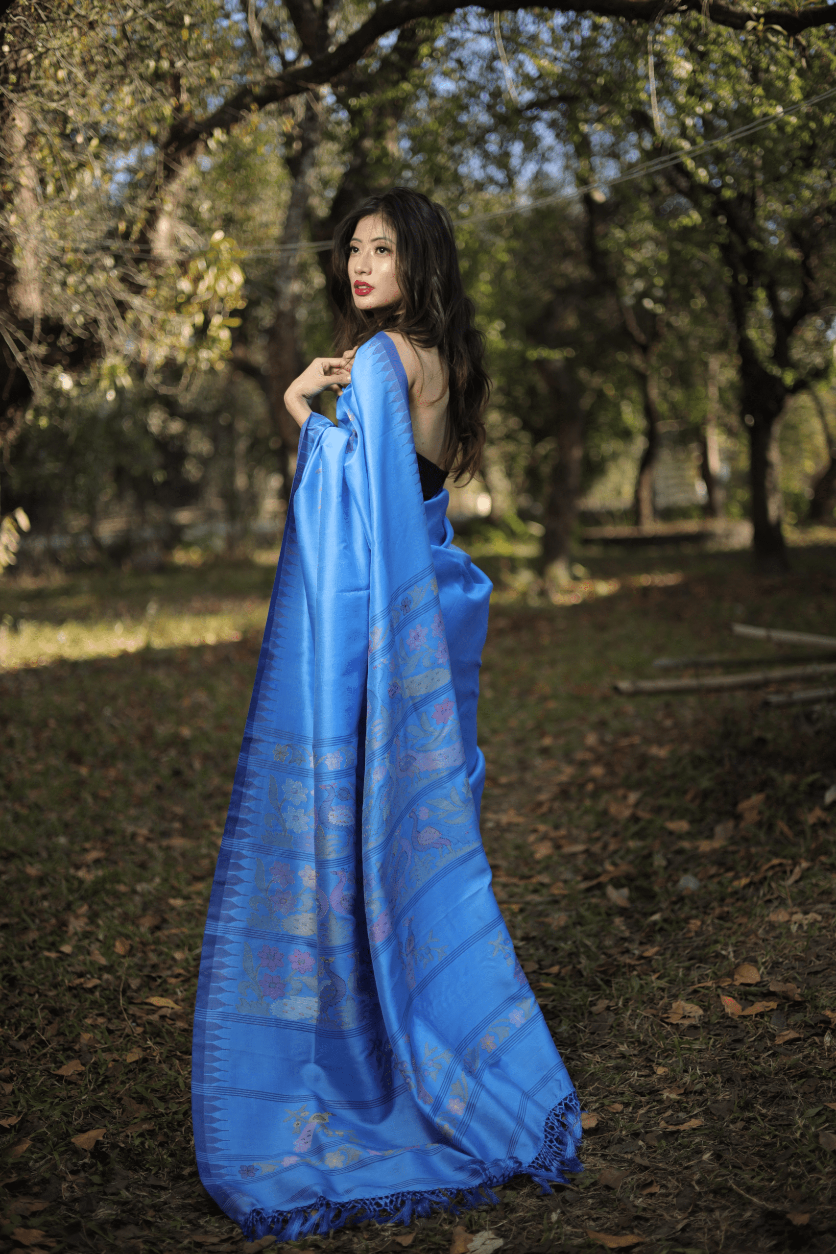 Designer Royal Blue Mulberry Silk Moirangphee Saree with Dark Blue Border - Image 5