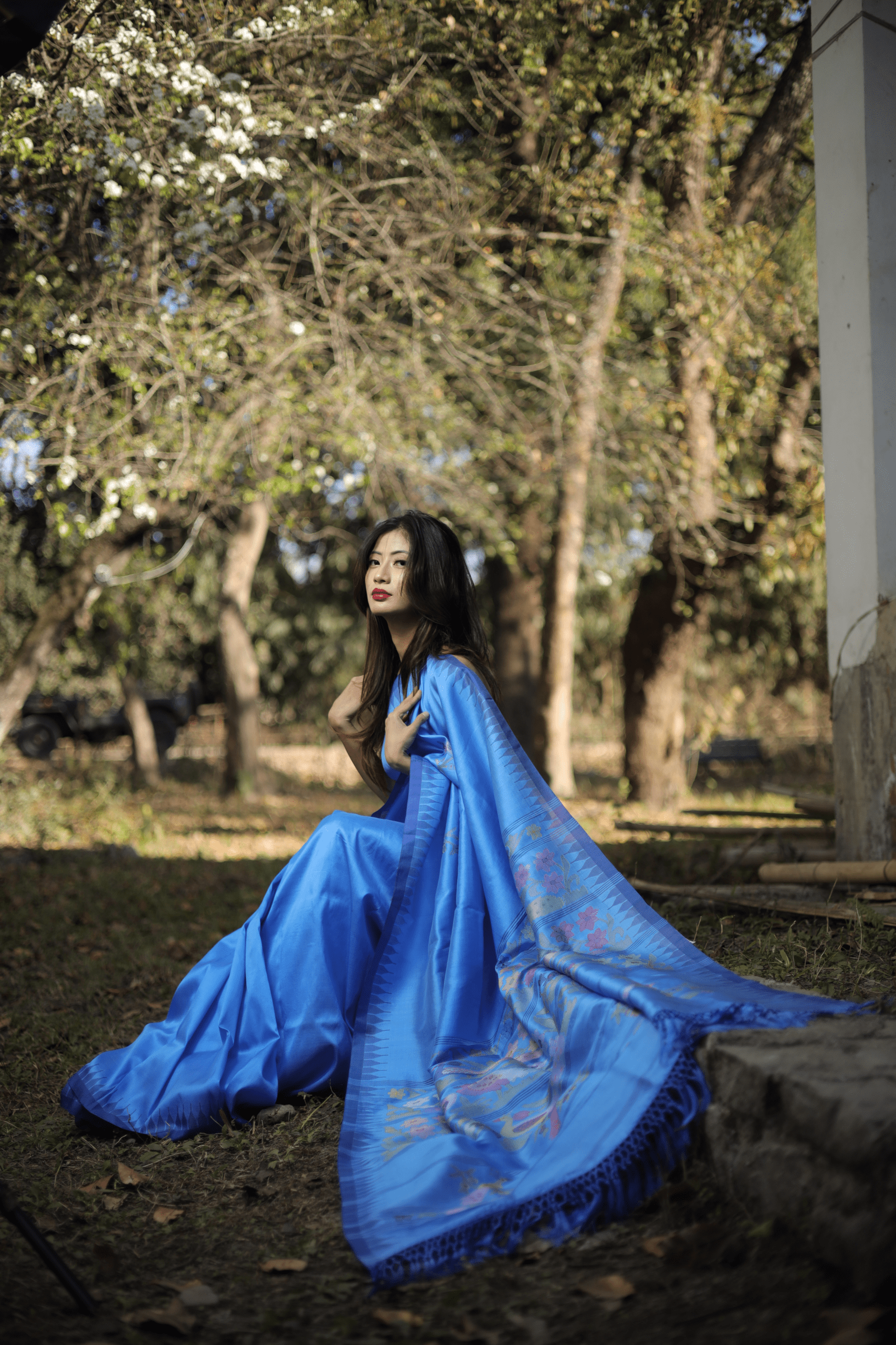 Designer Royal Blue Mulberry Silk Moirangphee Saree with Dark Blue Border - Image 4
