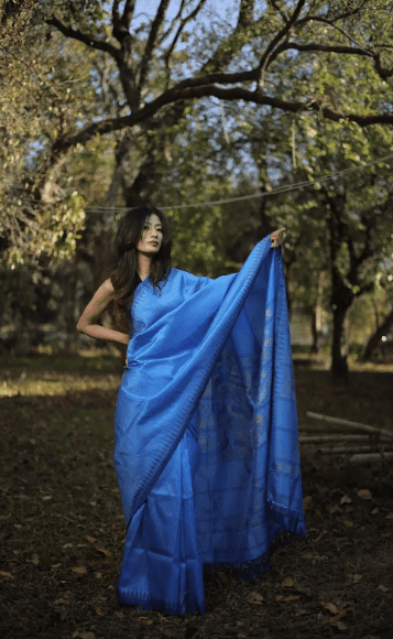 Designer Royal Blue Mulberry Silk Moirangphee Saree with Dark Blue Border - Image 2