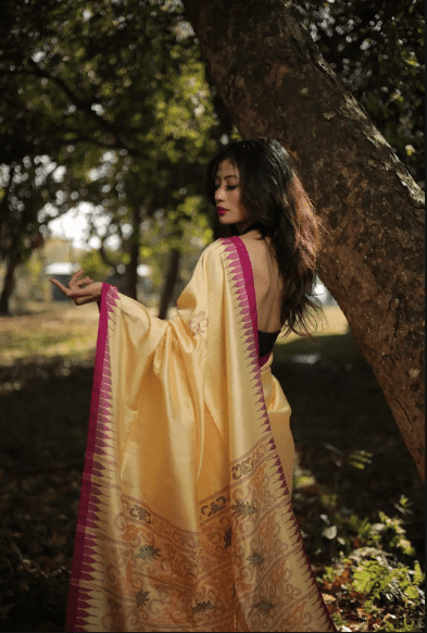 Mellow Marigold Elegance Pure Mulberry Silk Moirangphee Saree - Image 2