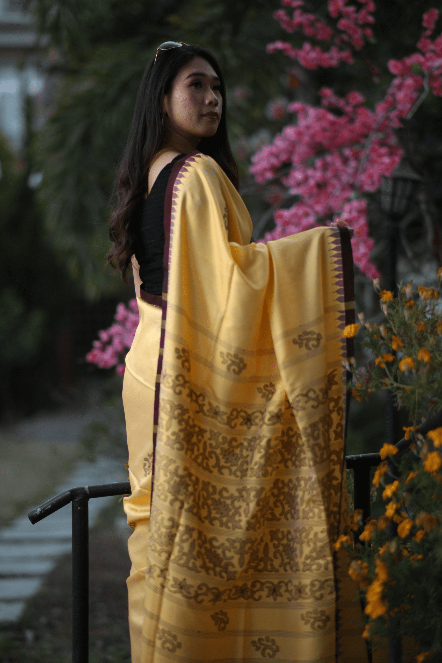 Turmeric Gold Handwoven Moirangphee Silk Saree – Dark Brown Elegance - Image 4