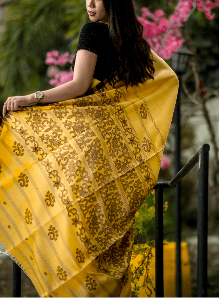 Turmeric Gold Handwoven Moirangphee Silk Saree – Dark Brown Elegance - Image 3