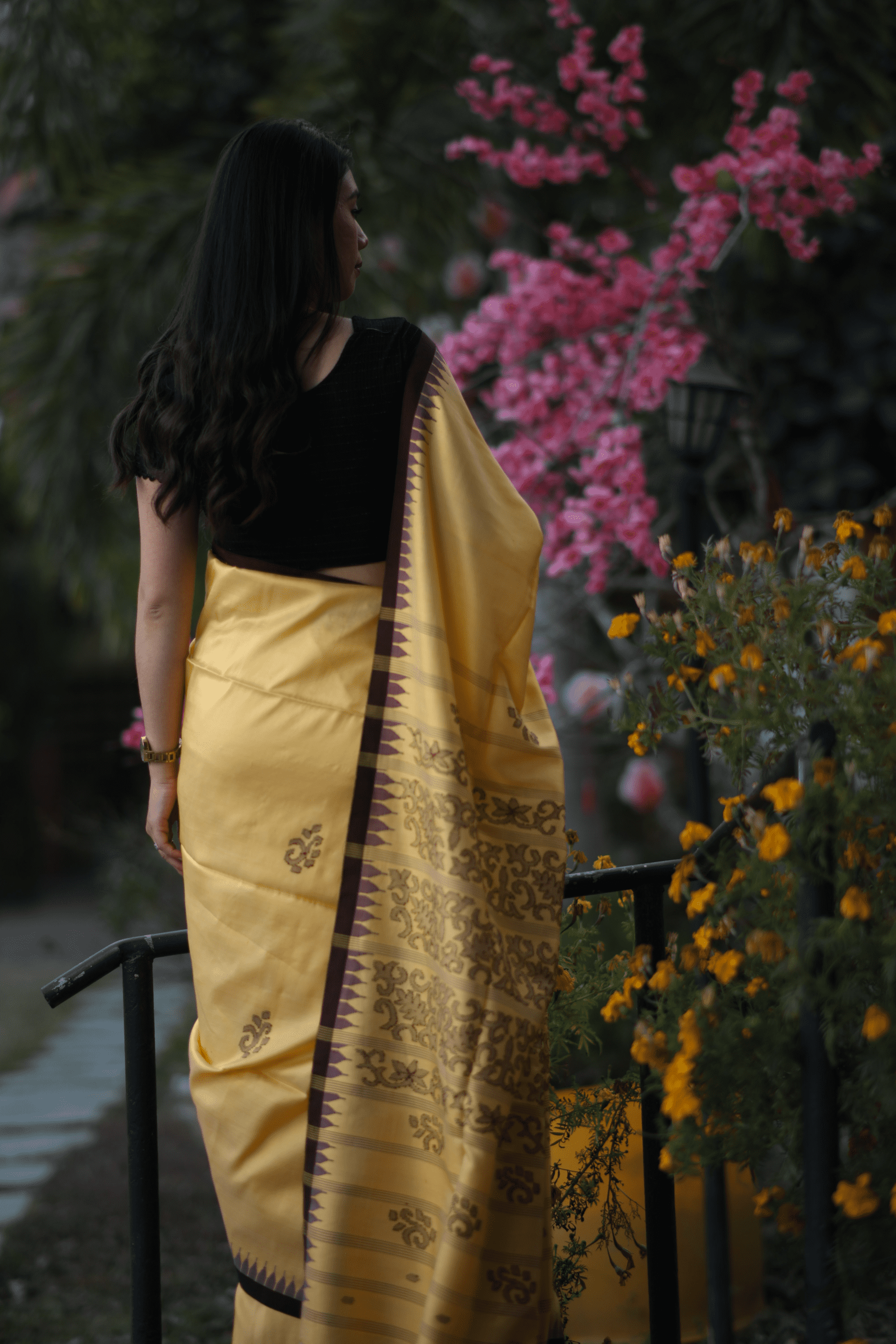 Turmeric Gold Handwoven Moirangphee Silk Saree – Dark Brown Elegance - Image 2