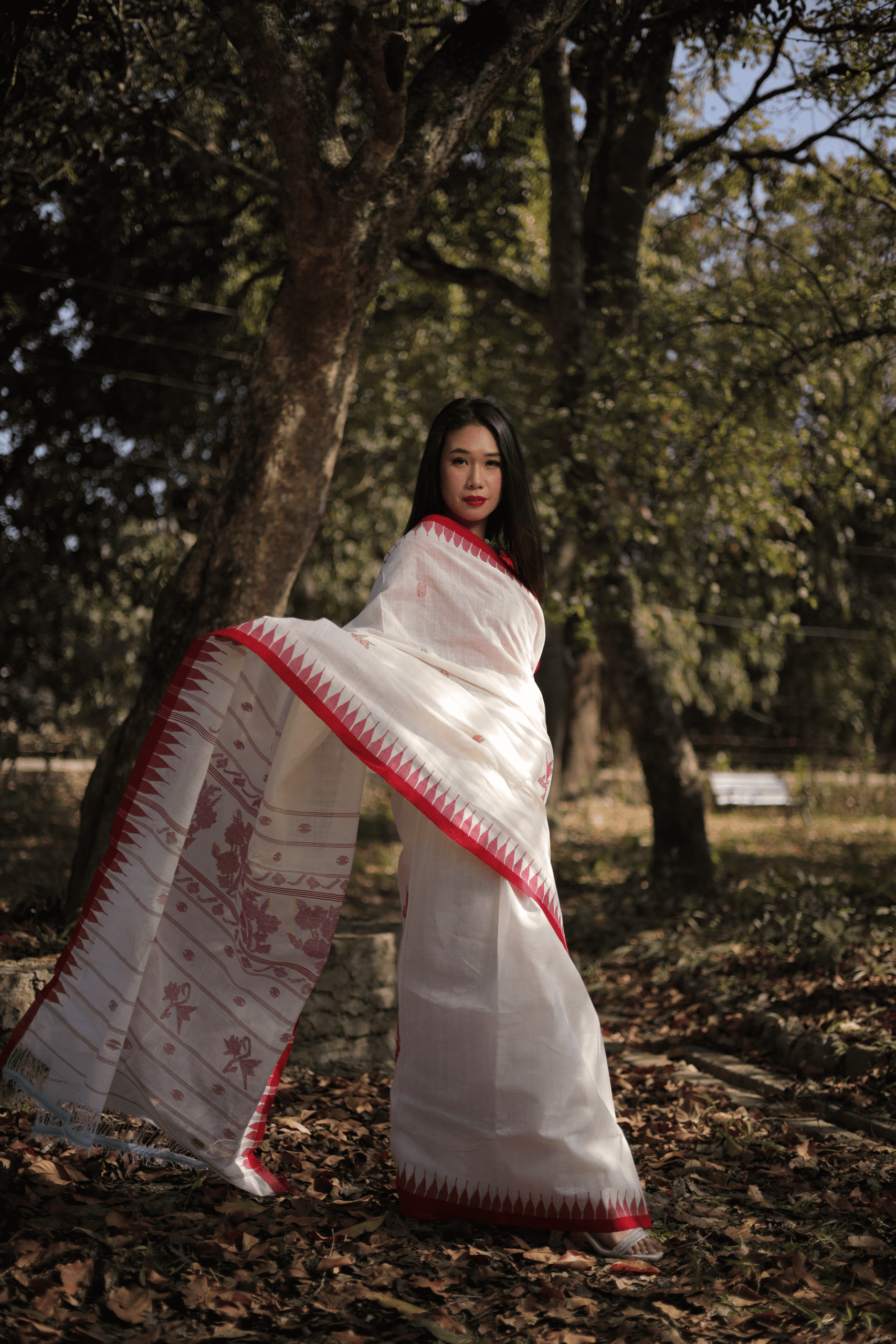 White Cotton Moirangphee Saree with Red Border - Image 2