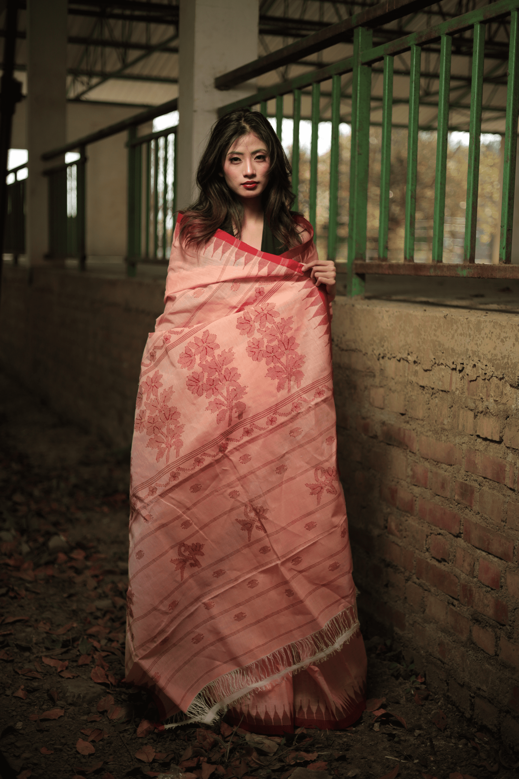 Classic Apricot Peach Pure Cotton Saree with Rich Rust Red Border - Image 4