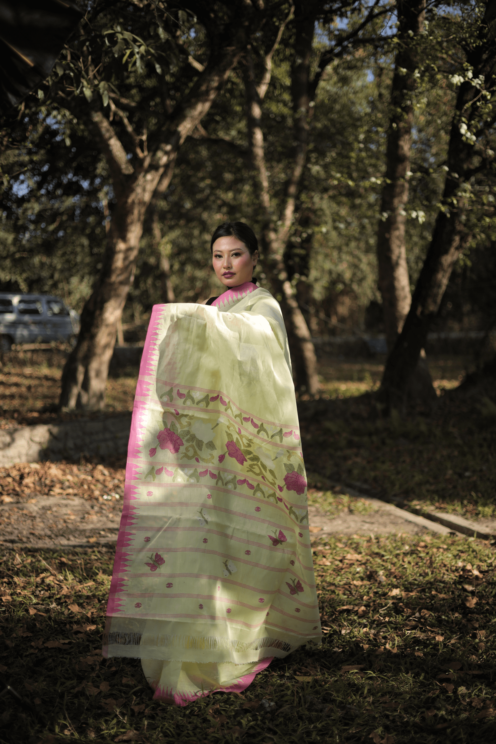 Graceful Light Yellow Wangkhei Cotton Saree with Pink Border - Image 3