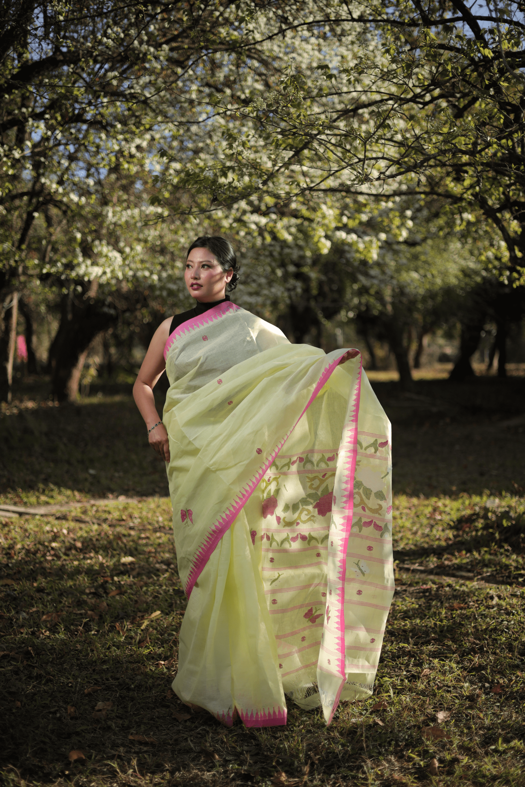 Graceful Light Yellow Wangkhei Cotton Saree with Pink Border - Image 2