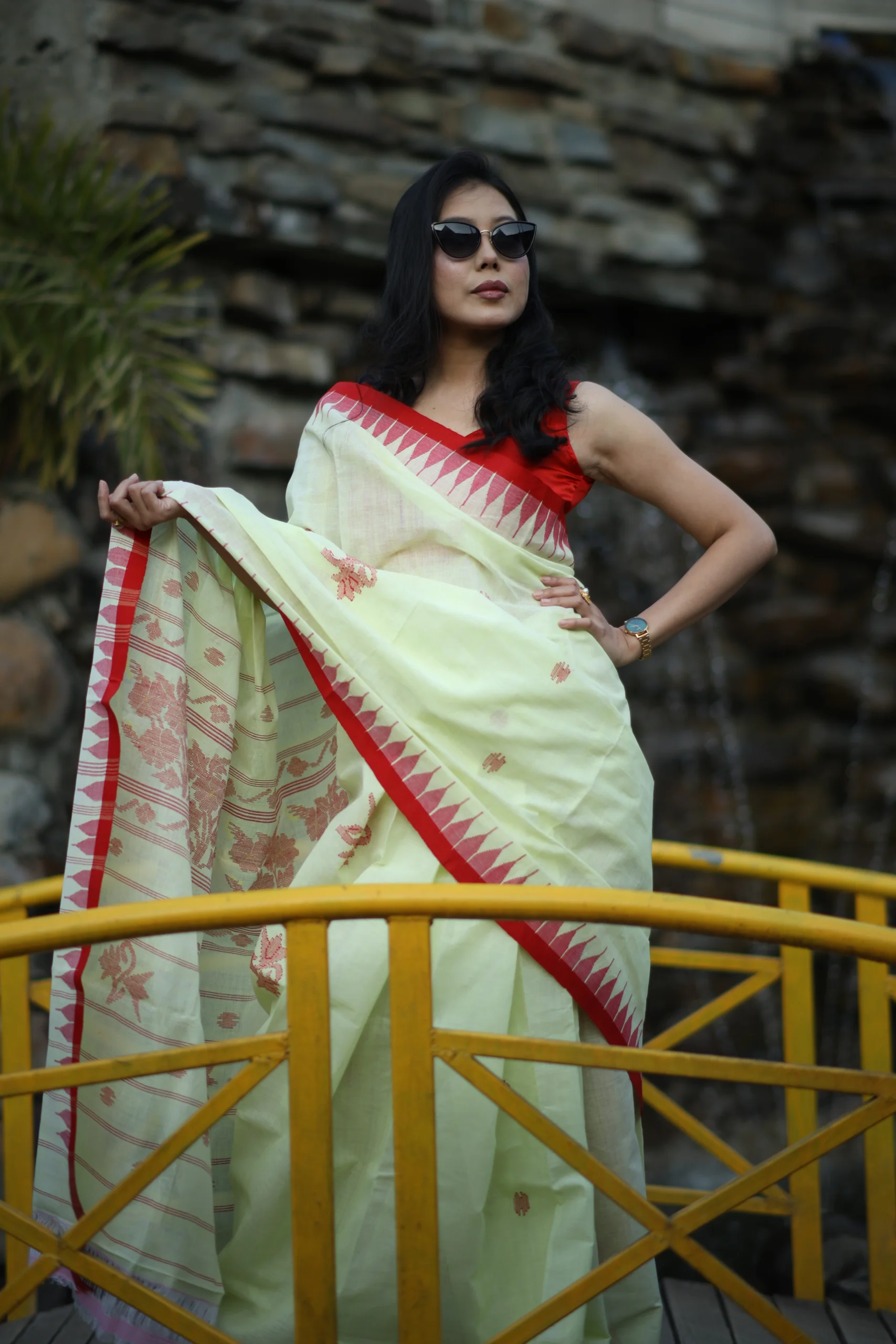 Lime Yellow Pure Cotton Wangkhei Saree with Vibrant Red Border