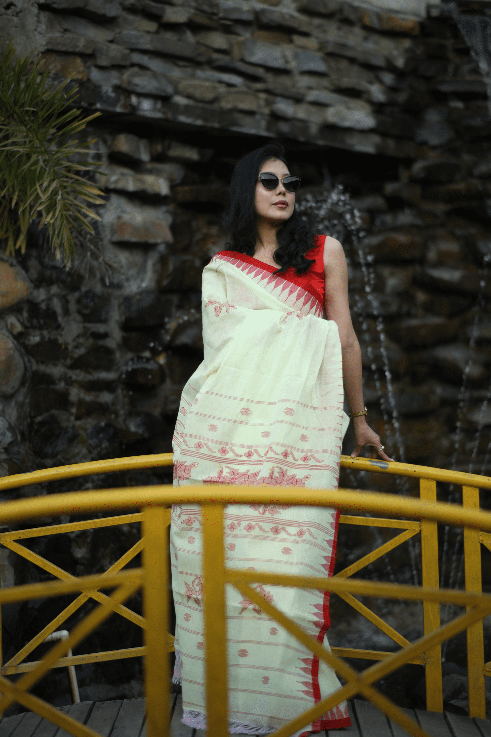 Lime Yellow Pure Cotton Wangkhei Saree with Vibrant Red Border - Image 4