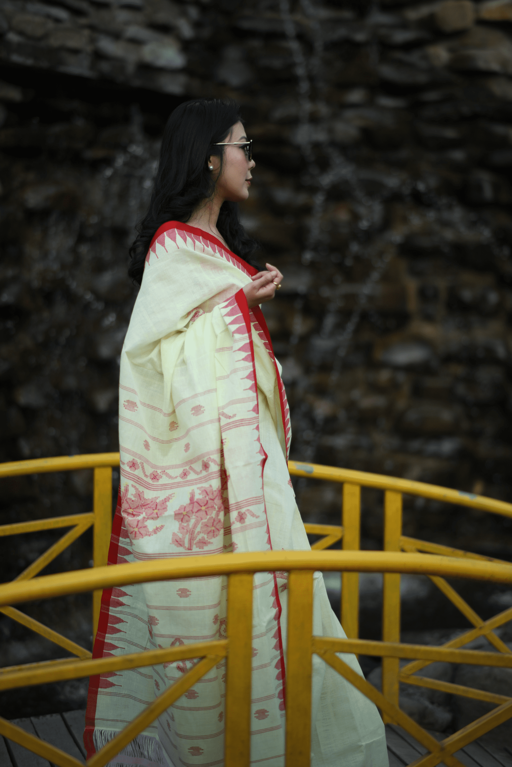 Lime Yellow Pure Cotton Wangkhei Saree with Vibrant Red Border - Image 2
