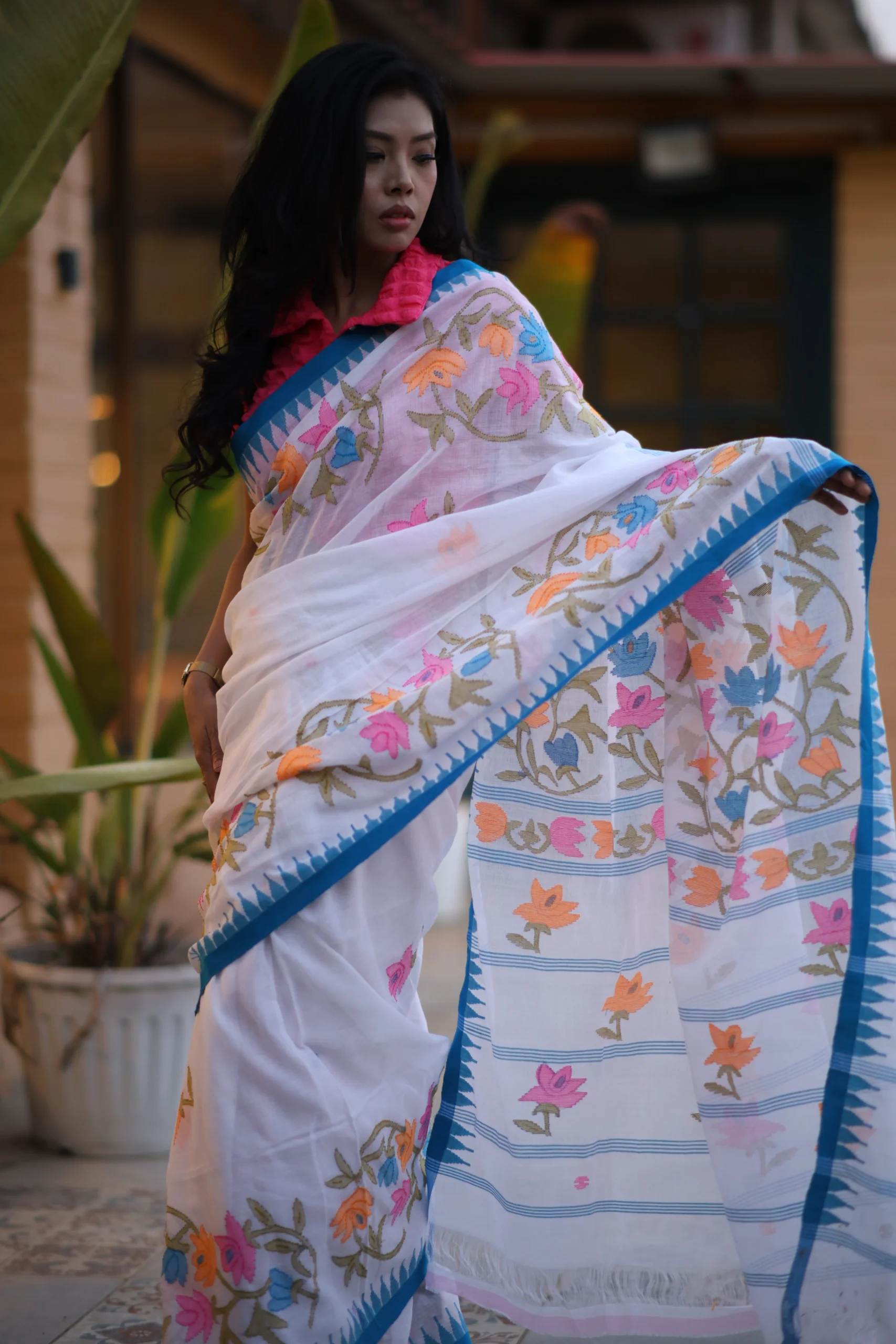 Graceful White Wangkhei Saree in Pure Cotton with Blue Border