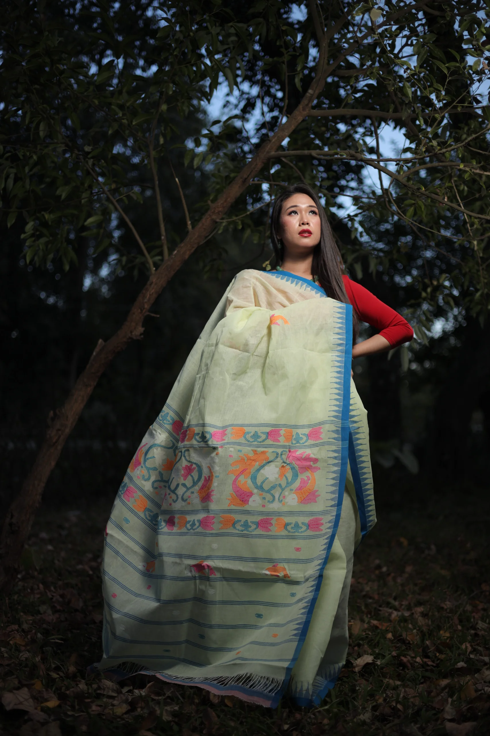 Pure Cotton Wangkhei Saree in Soft Lime Green with Blue Border