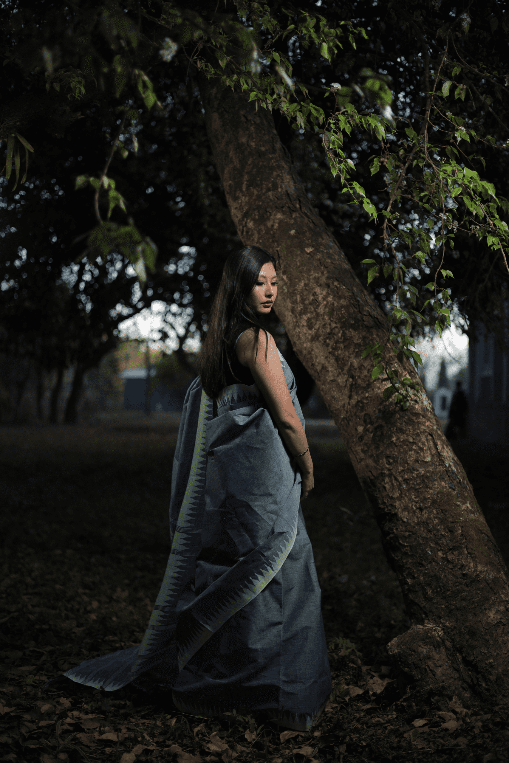 Elegant Grey Pure Cotton Wangkhei Saree with Fresh Green Border - Image 2