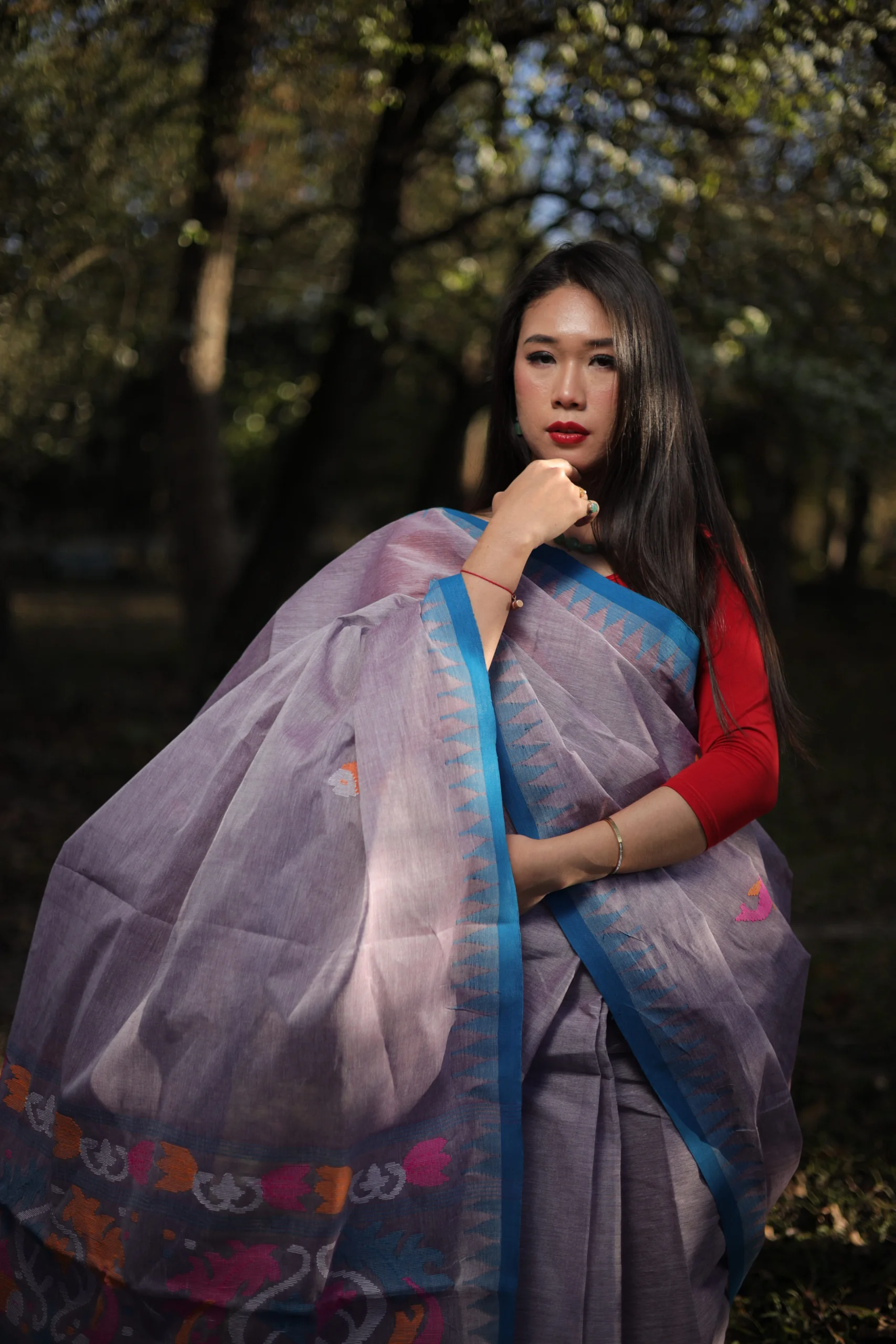 Muted Lavender Pink Wangkhei Cotton Saree with Bold Blue Border