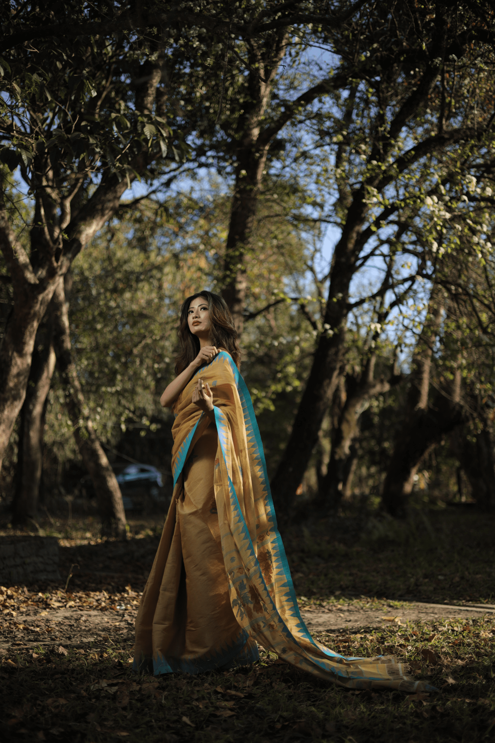 Mustard Gold & Turquoise Blue Pure Cotton Moirangphee Saree - Image 5