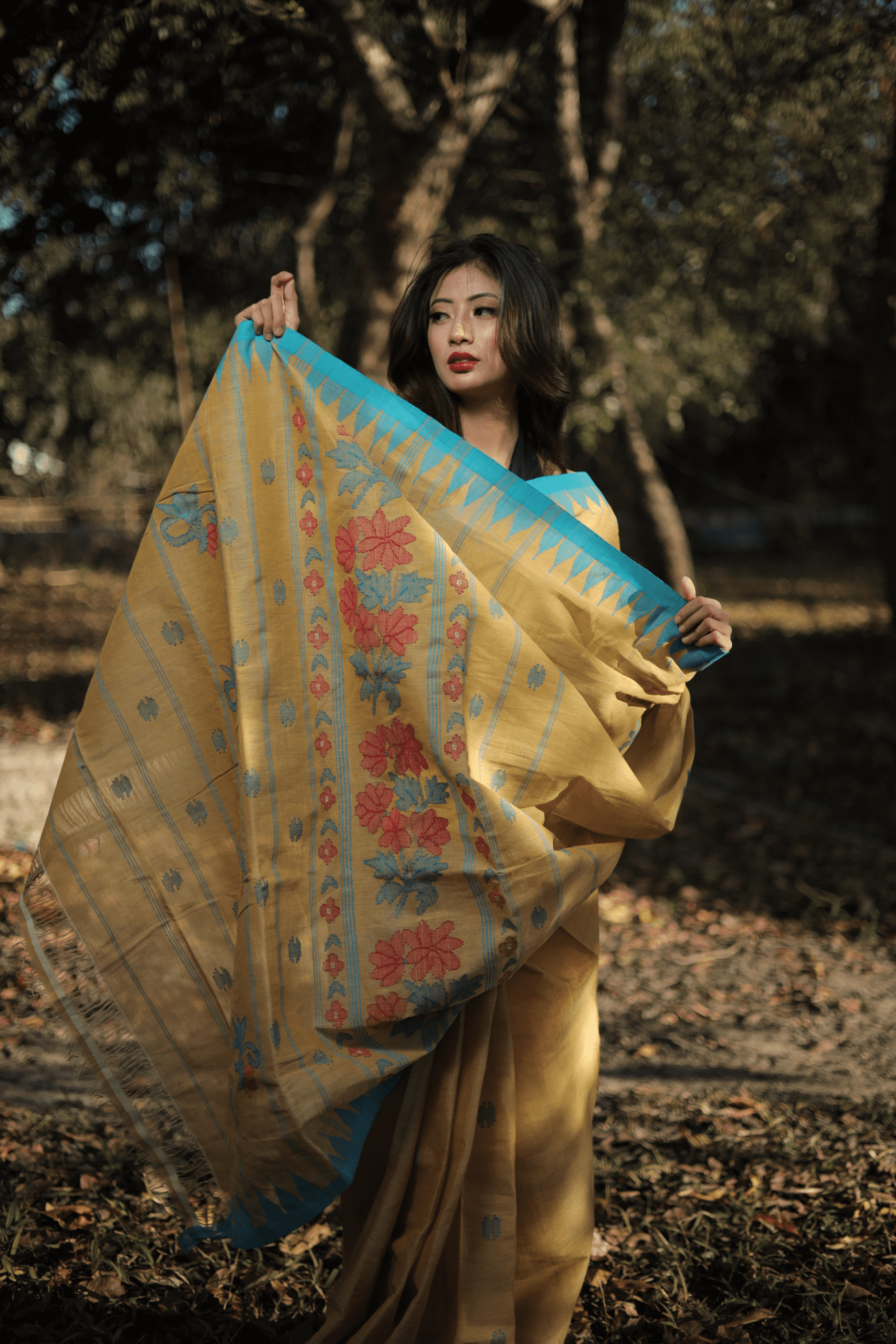 Mustard Gold & Turquoise Blue Pure Cotton Moirangphee Saree - Image 3