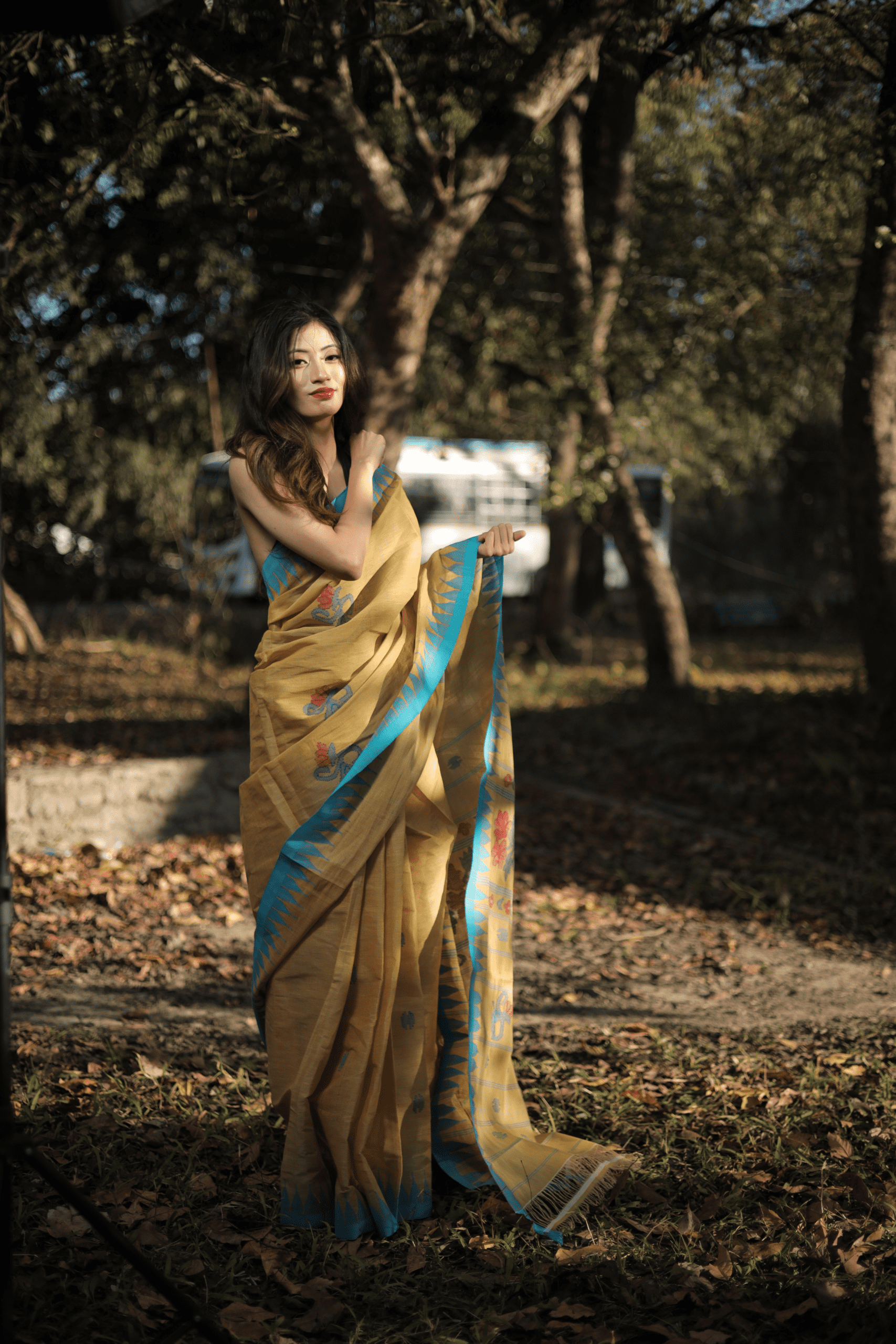 Mustard Gold & Turquoise Blue Pure Cotton Moirangphee Saree - Image 2