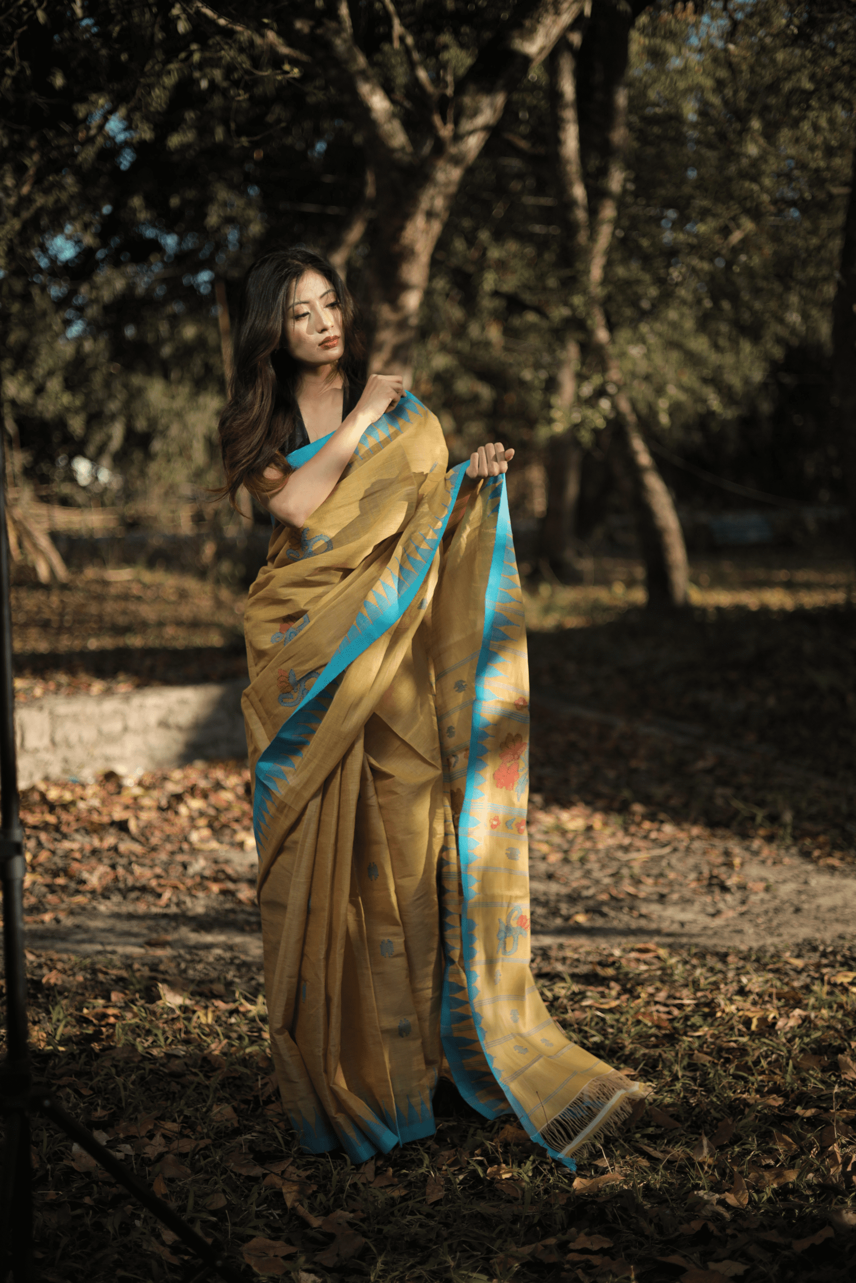 Mustard Gold & Turquoise Blue Pure Cotton Moirangphee Saree - Image 4