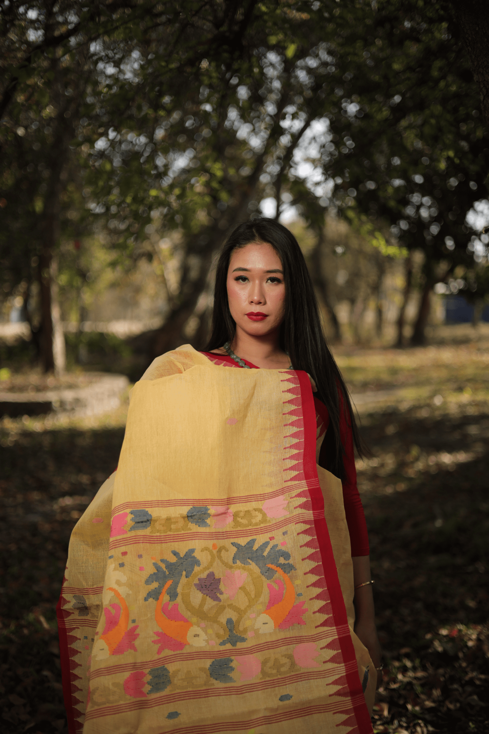 Pure Cotton Yellow Wangkhei Saree with Royal Red Border - Image 3