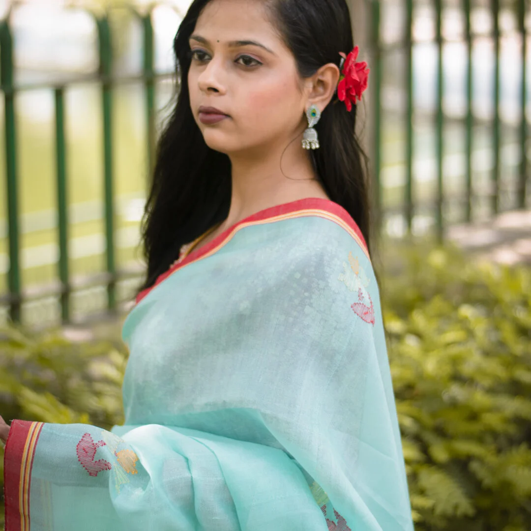 Icy Aqua Blue Pure Mulberry Silk Saree with Royal Red Border