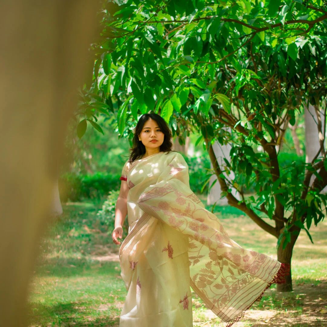 Handwoven Natural Tassar Silk Saree with red Floral Motifs